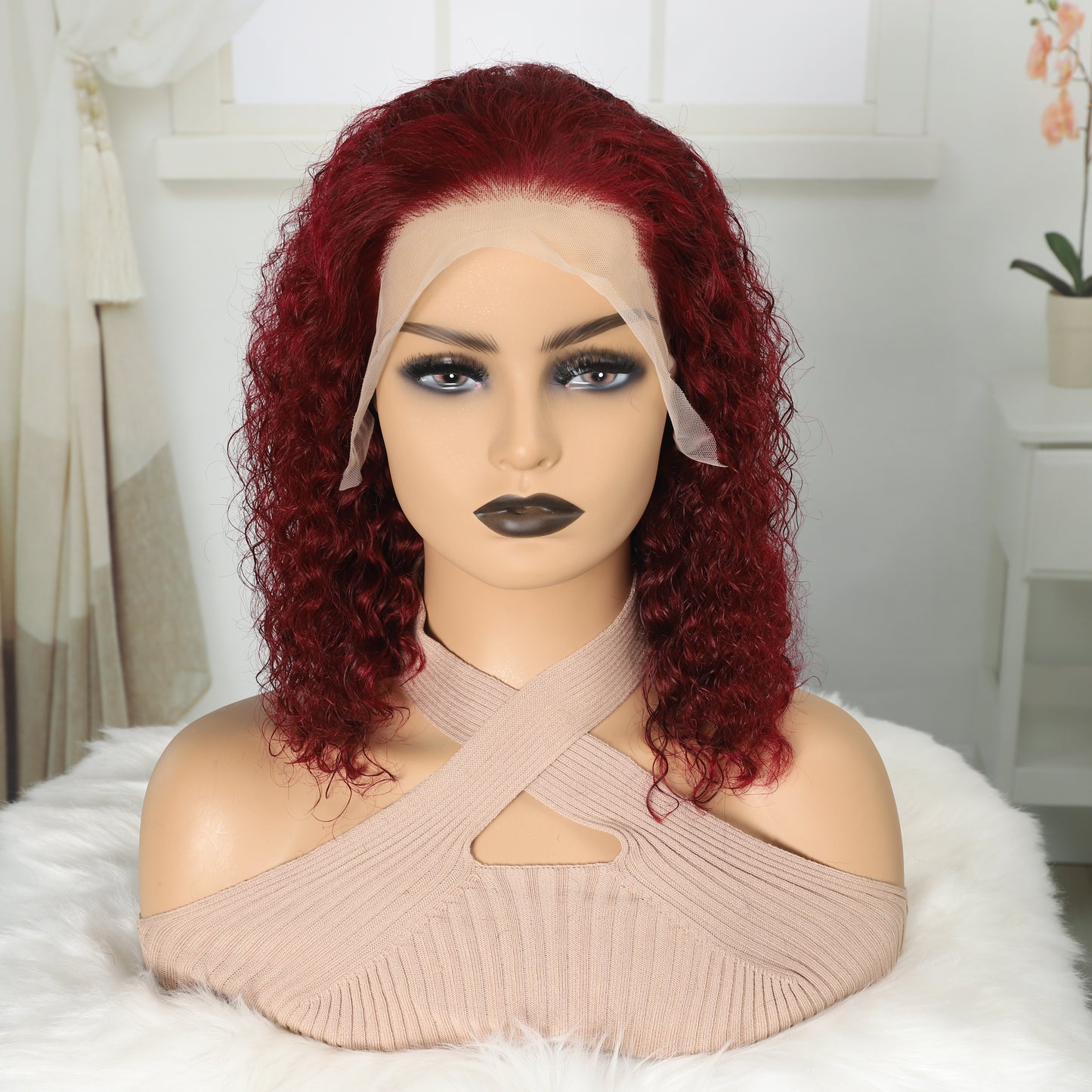 Water Wave Burgundy Human Hair Lace Wig for Women