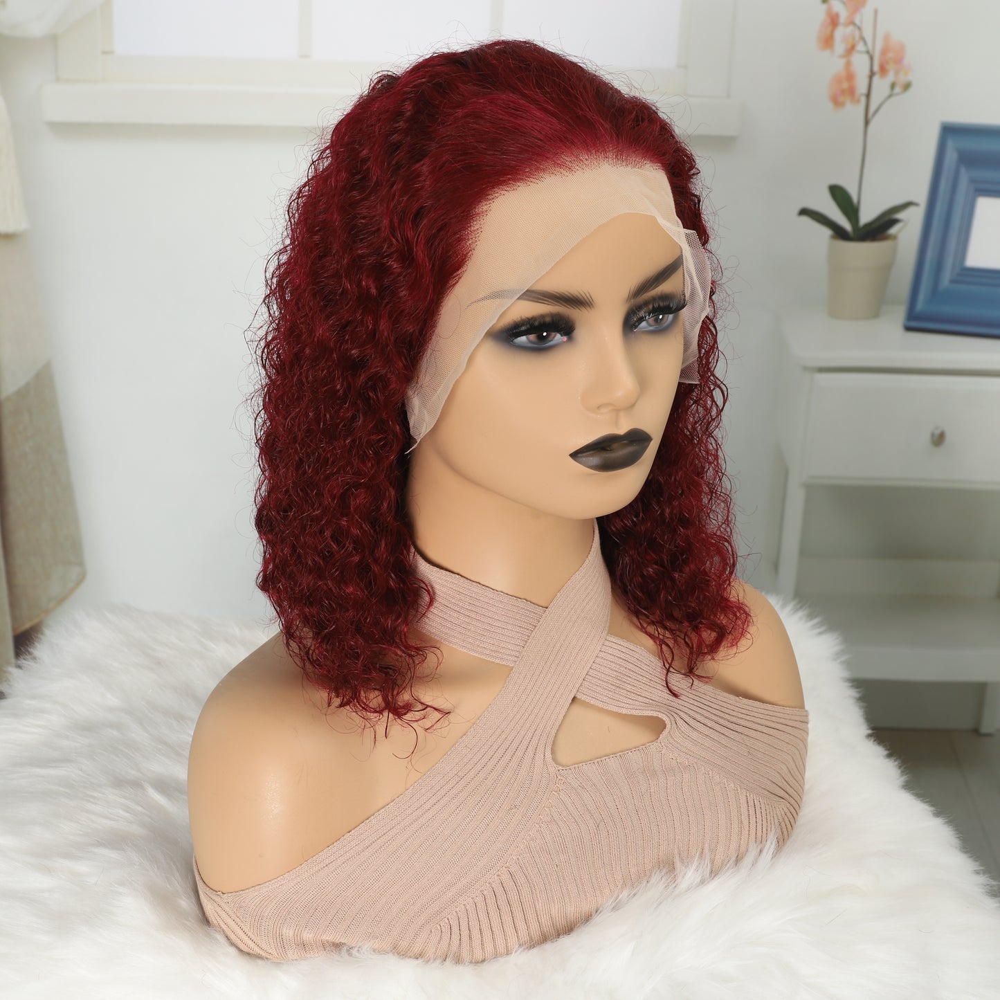 Water Wave Burgundy Human Hair Lace Wig for Women