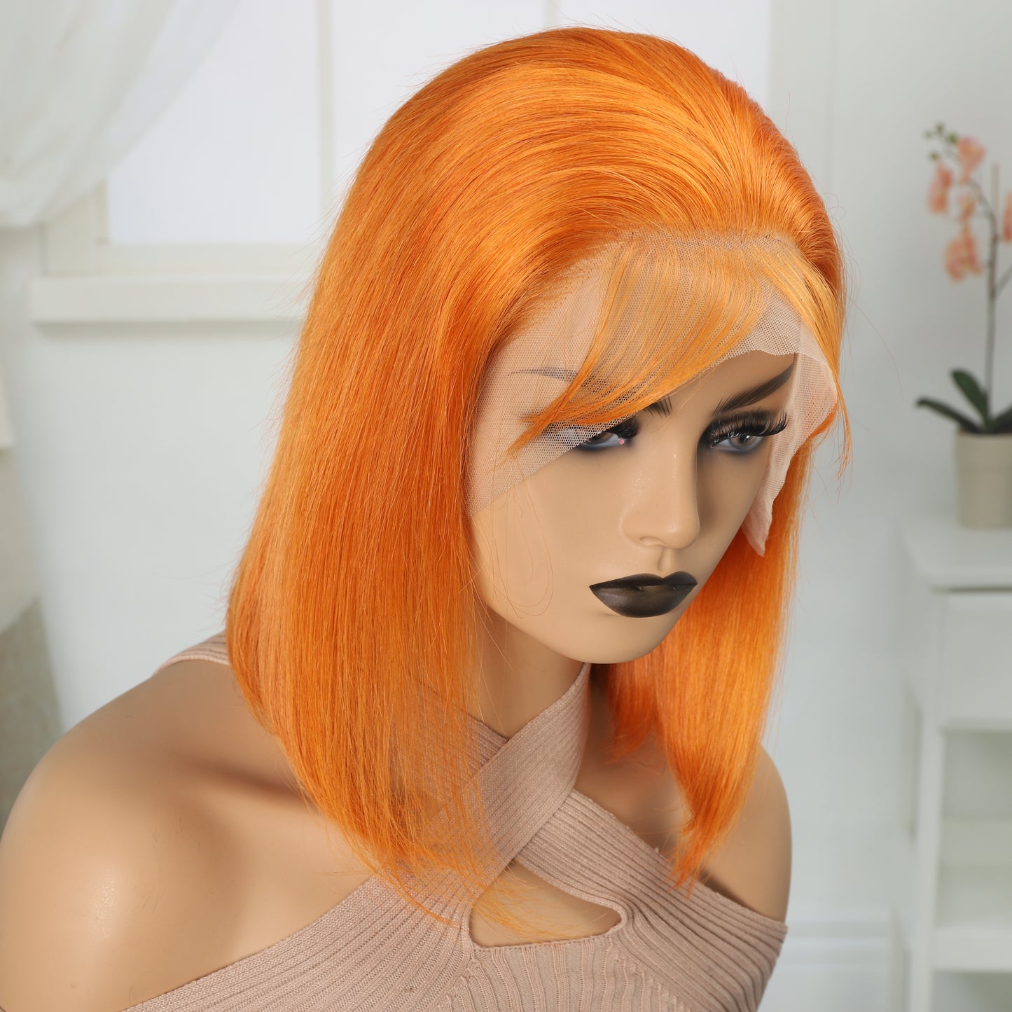 Straight Orange Human Hair Lace Wig for Women